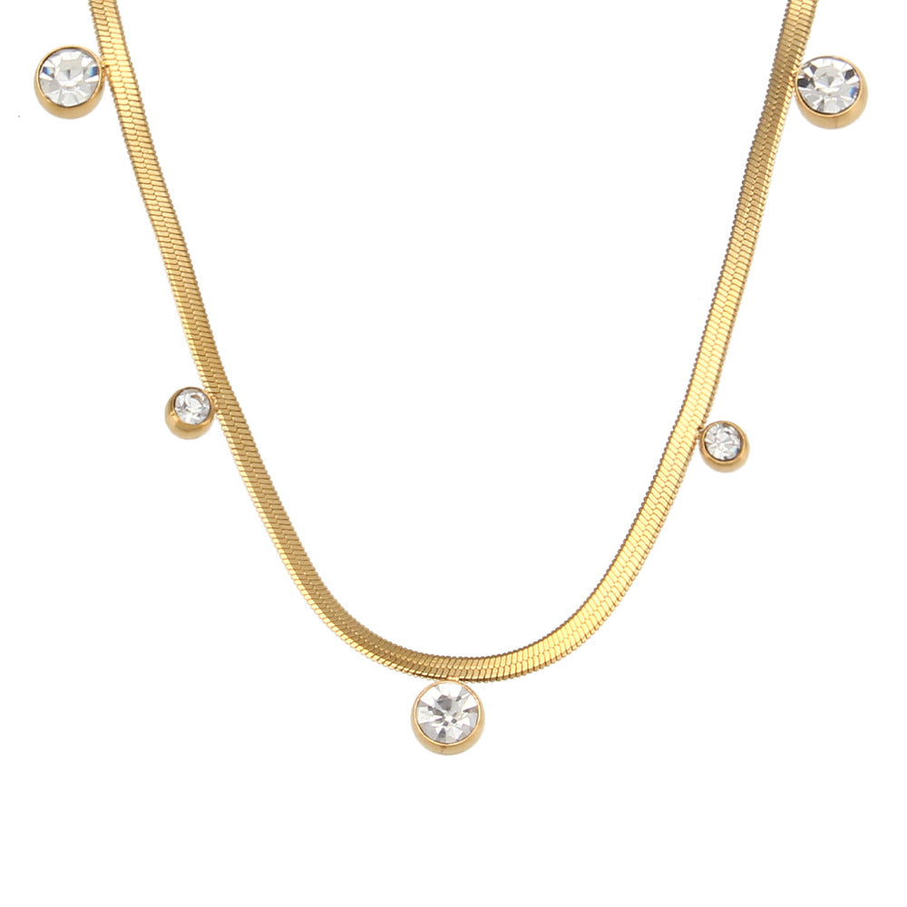 Collana da donna a maglie piatte a serpente con zirconi rotondi geometrici, placcata oro 18 carati, in acciaio inossidabile, stile vintage alla moda