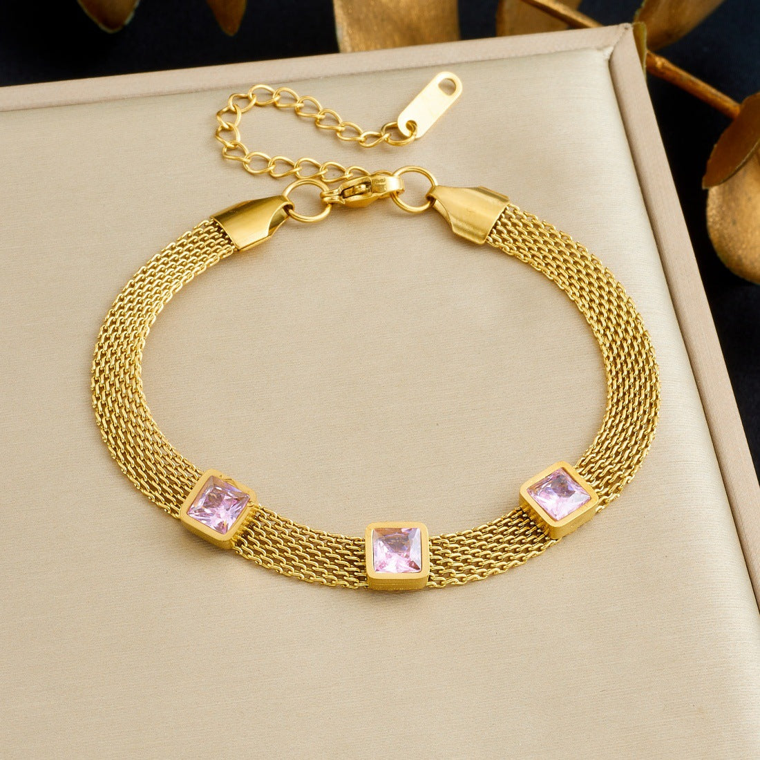 Vintage Gold Plated Geometric Square Rhinestone Mesh Chain Bracelet for Women