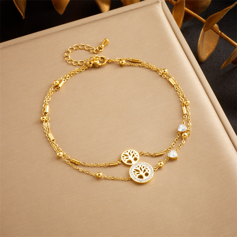 Vintage Minimalist Double-Layer Heart-Shaped Stainless Steel Anklet