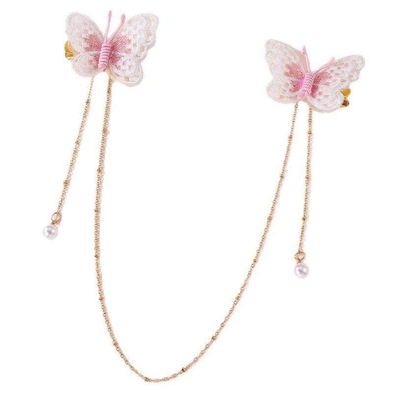 Fermaglio per capelli con fiocco a farfalla in stile naturale per bambini, con materiale in resina e dettaglio catena con nappina