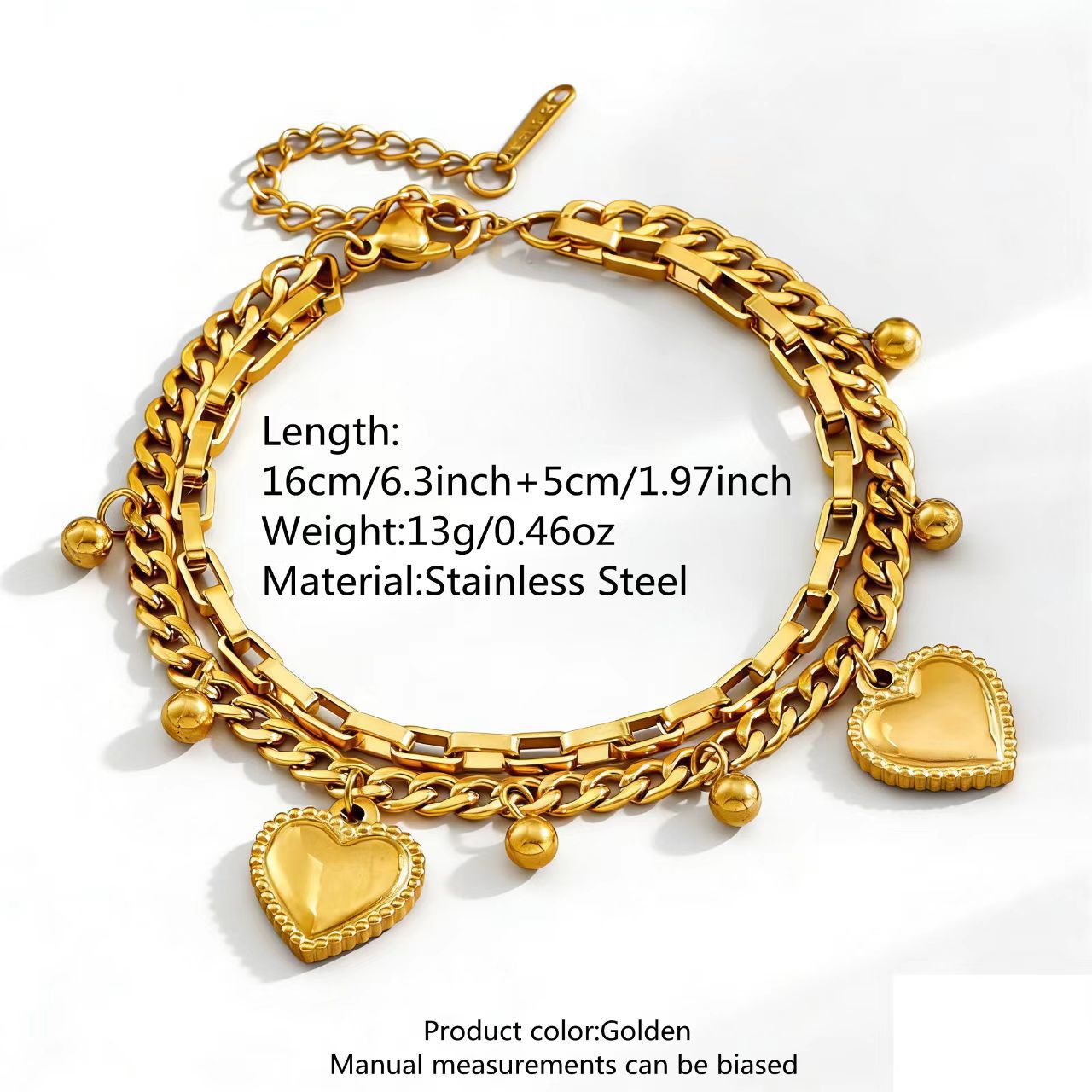 Elegant 18K Gold Plated Heart Stainless Steel Double Layer Bracelet for Women
