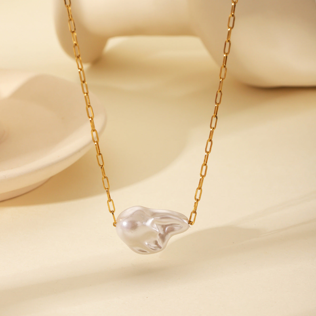 Ins Style 18K Gold Plated Stainless Steel Cross Chain Baroque Pearl Pendant Necklace for Women
