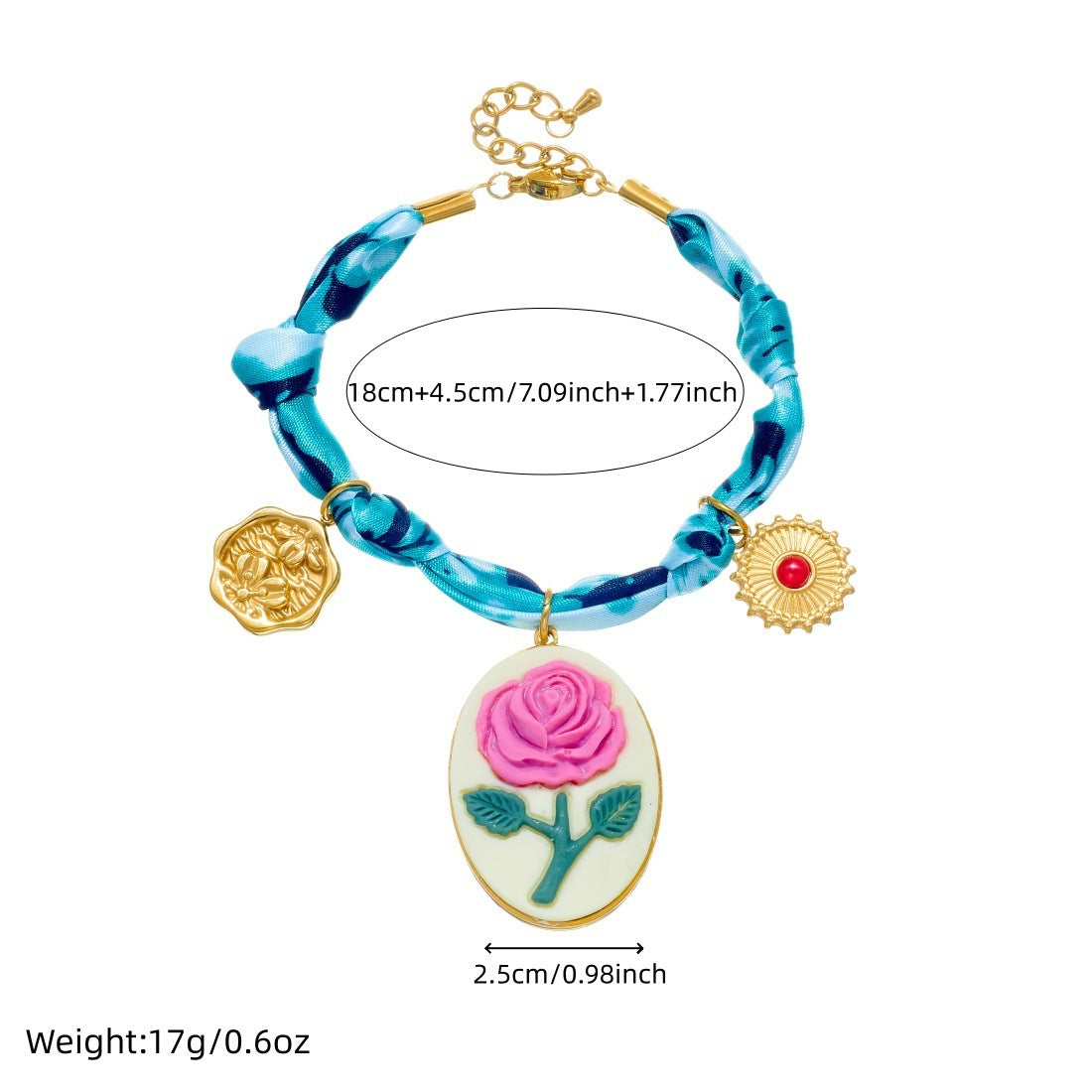Blue Tie-Dye Fabric Gold Plated Heart Oval Floral Carved Pendant Necklace and Bracelet Set for Women