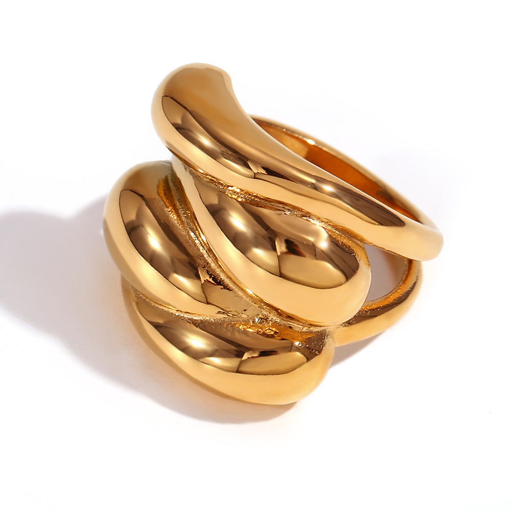 Anello Geometrico in Acciaio Inossidabile d'Ispirazione Vintage con Placcatura in Oro 18K e Accento a Goccia in Pietra Naturale