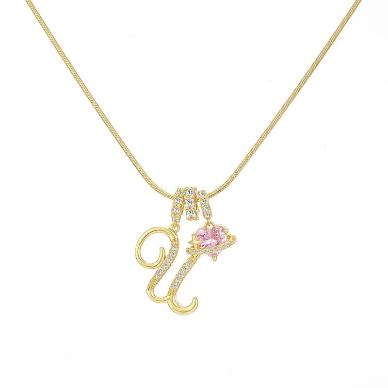 Sweet 22K Gold Plated Letter Titanium Steel Pendant Brass Cable Chain Necklace Unisex