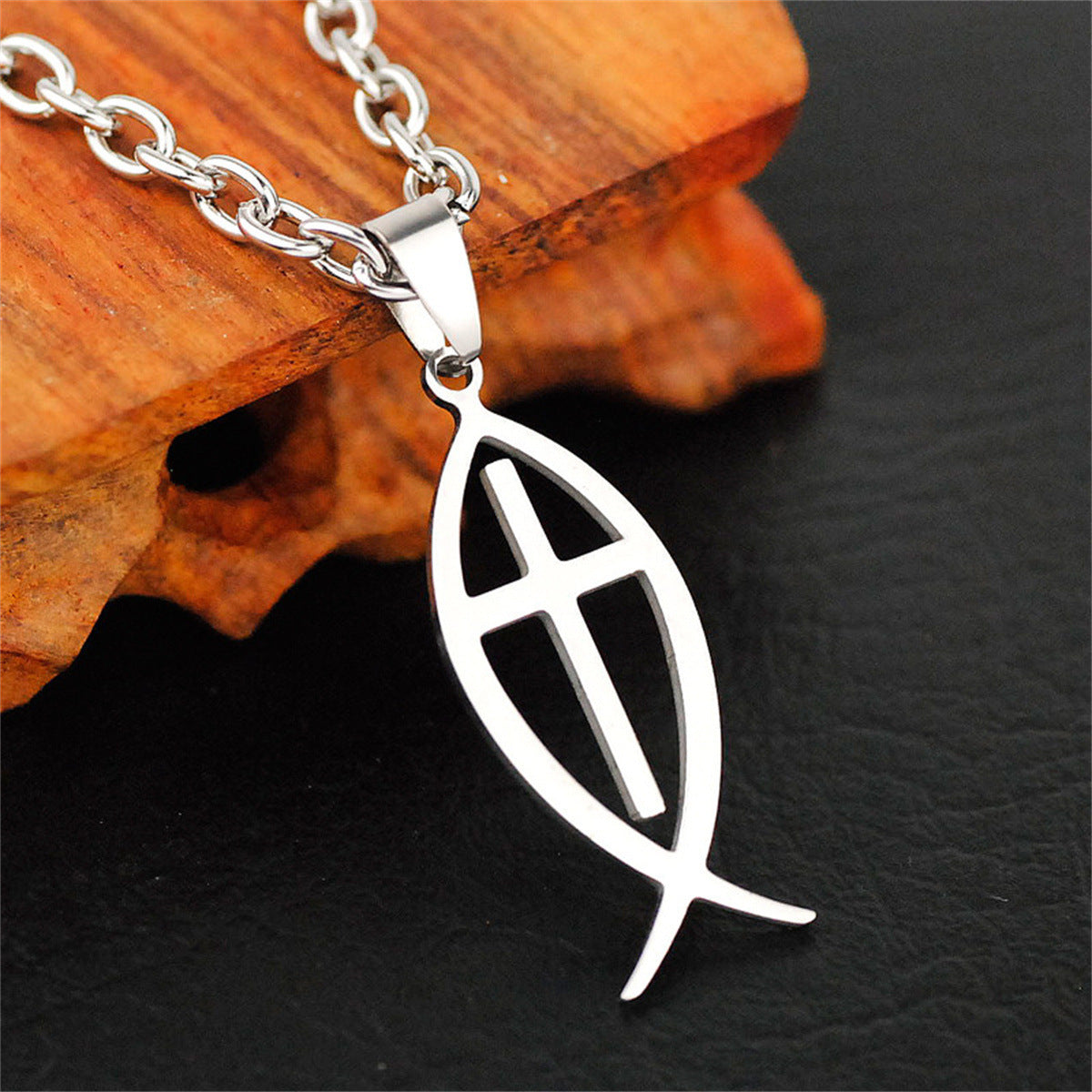 Natural Minimalist Fish-Shaped Pendant Necklace in Stainless Steel with Polished Finish for Women
