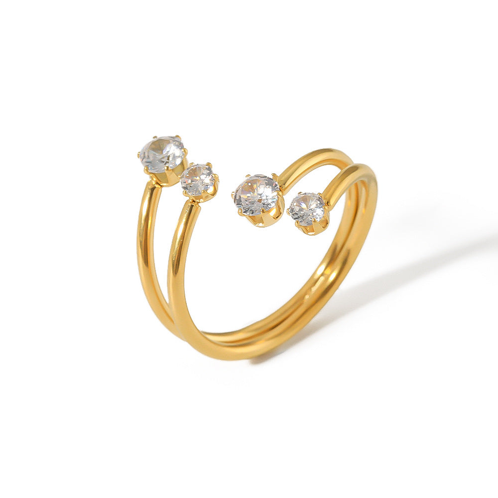 Anello Minimalista Geometrico Regolabile da Donna in Acciaio Inox con Intarsio in Zircone Bianco e Finitura Oro 18K Placcato Sottovuoto
