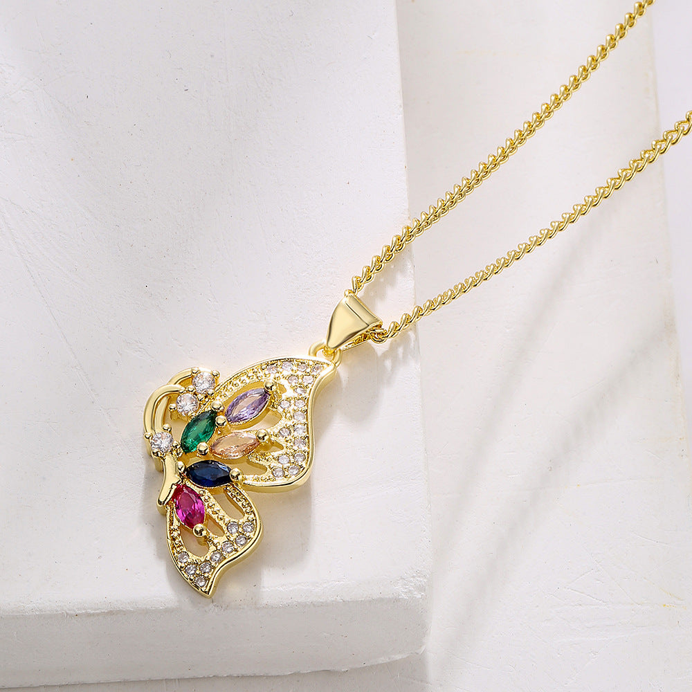 Minimalist Butterfly and Dragonfly Pendant Necklace for Women in Copper with 18K Gold Plating and Micro-Pave Zirconia