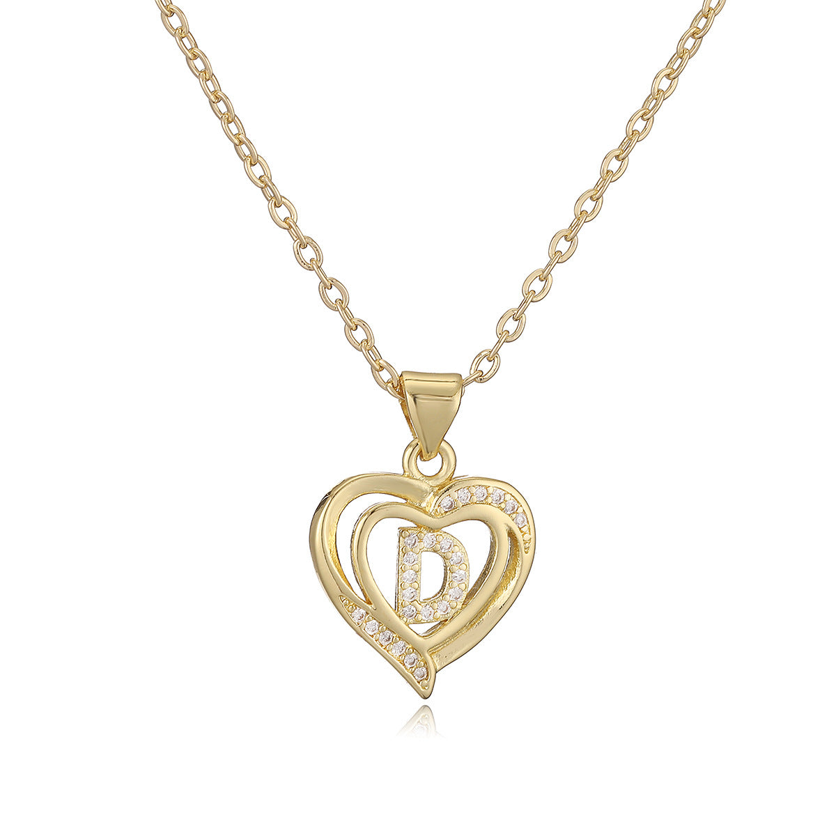 Collana con Pendente Minimalista in Rame, Placcatura in Oro 18K e Dettagli in Zircone a Forma di Cuore e Lettera per Donne