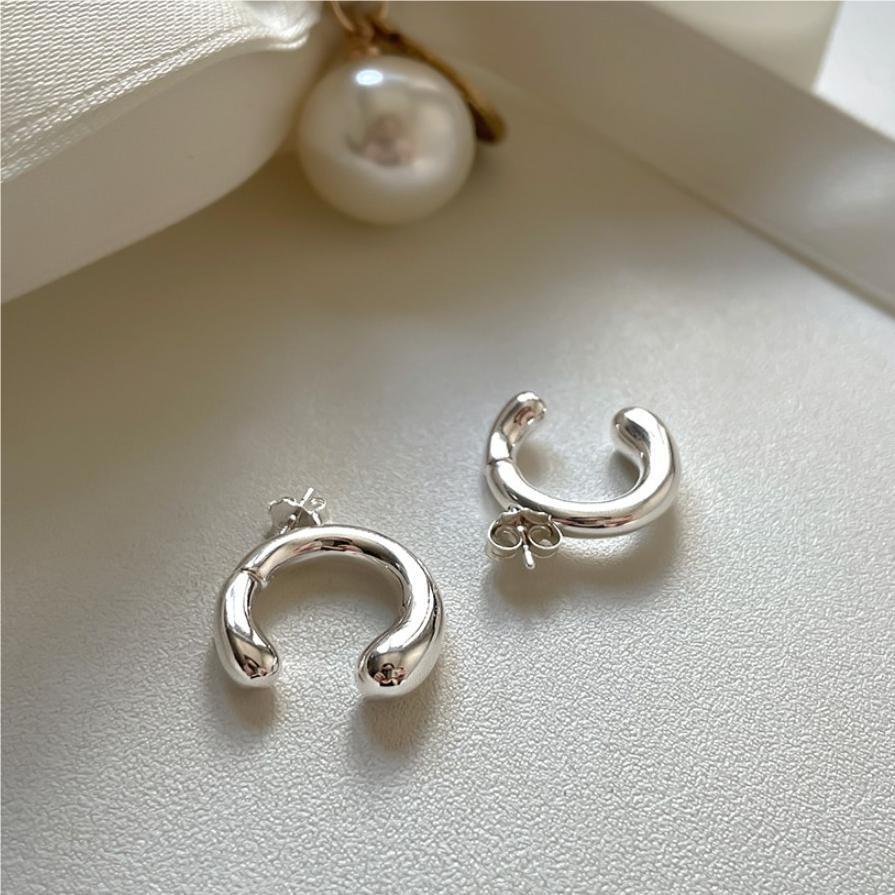 Sweet 925 Sterling Silver Geometric U-Shaped Hoop Earrings with Pearl Inlay Polka Dot Design