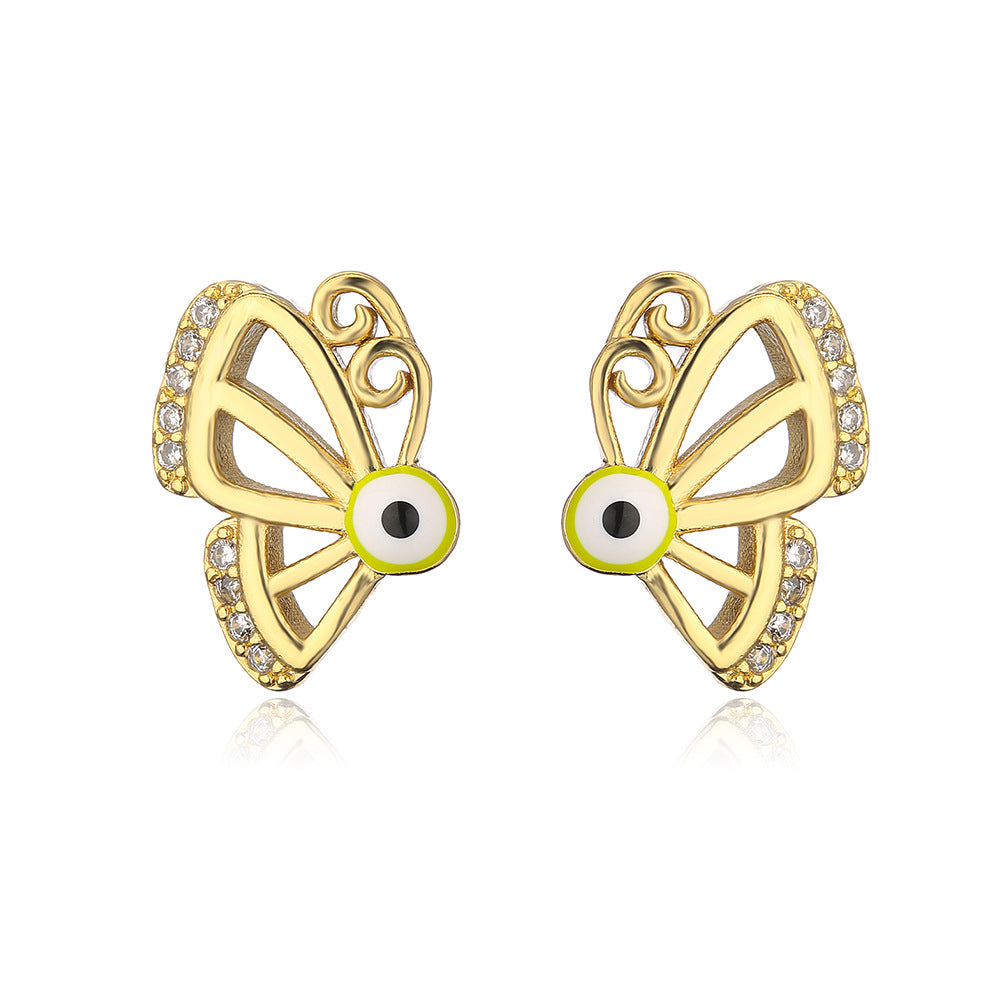 Minimalist Butterfly and Dragonfly Stud Earrings in Copper with 18K Gold Plating and Enamel Finish for Women