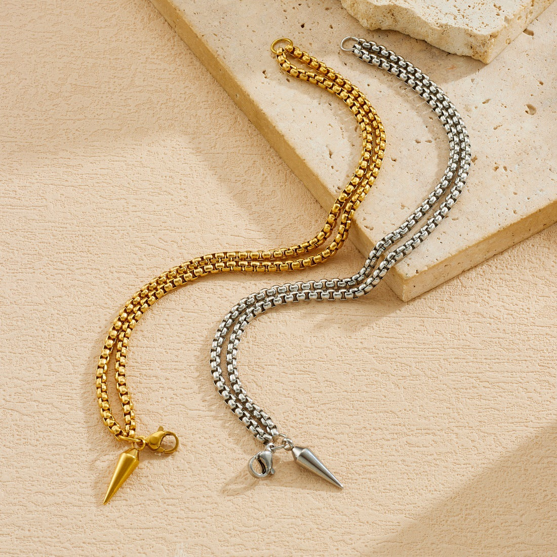 Minimalist Punk Gold Plated Stainless Steel Polka Dot Rivet Layered Bracelet for Women