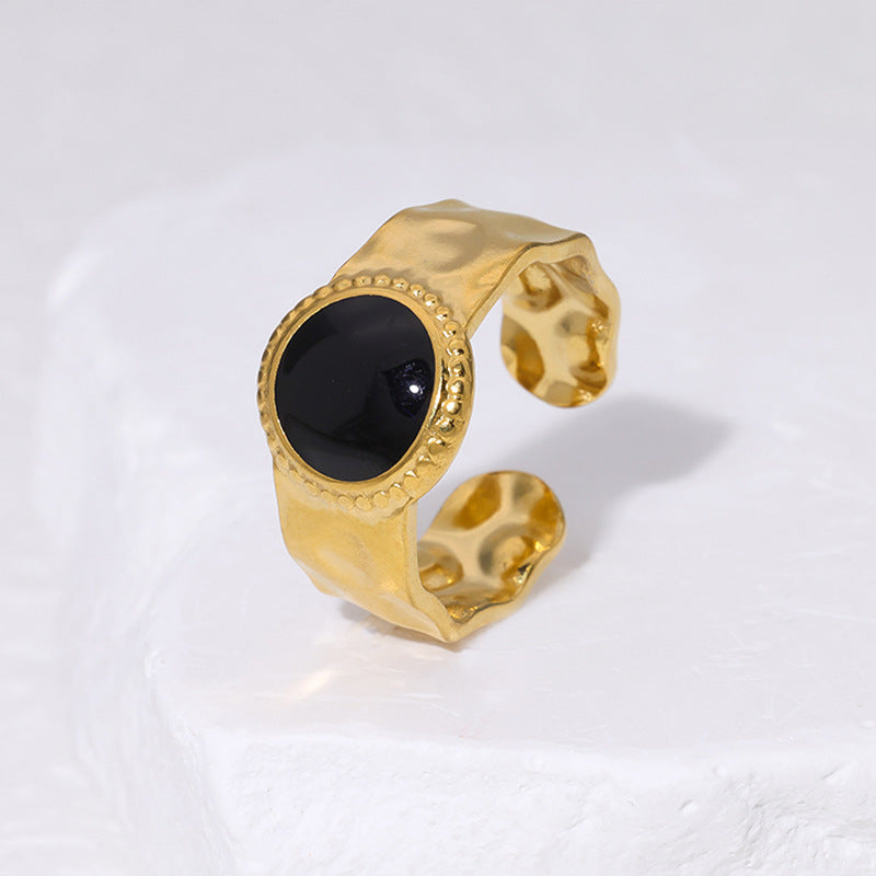 Vintage French-Style Geometric Titanium Steel Ring for Women with 18K Gold Plating and Enamel Finish