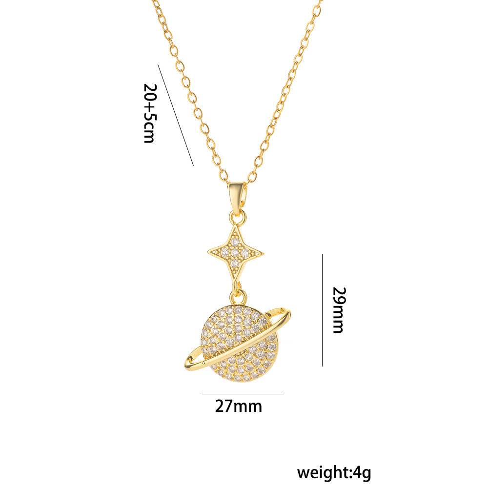Minimalist Geometric Titanium Steel Plated Necklace for Women with Snake Chain and Lucky Planet Pendant