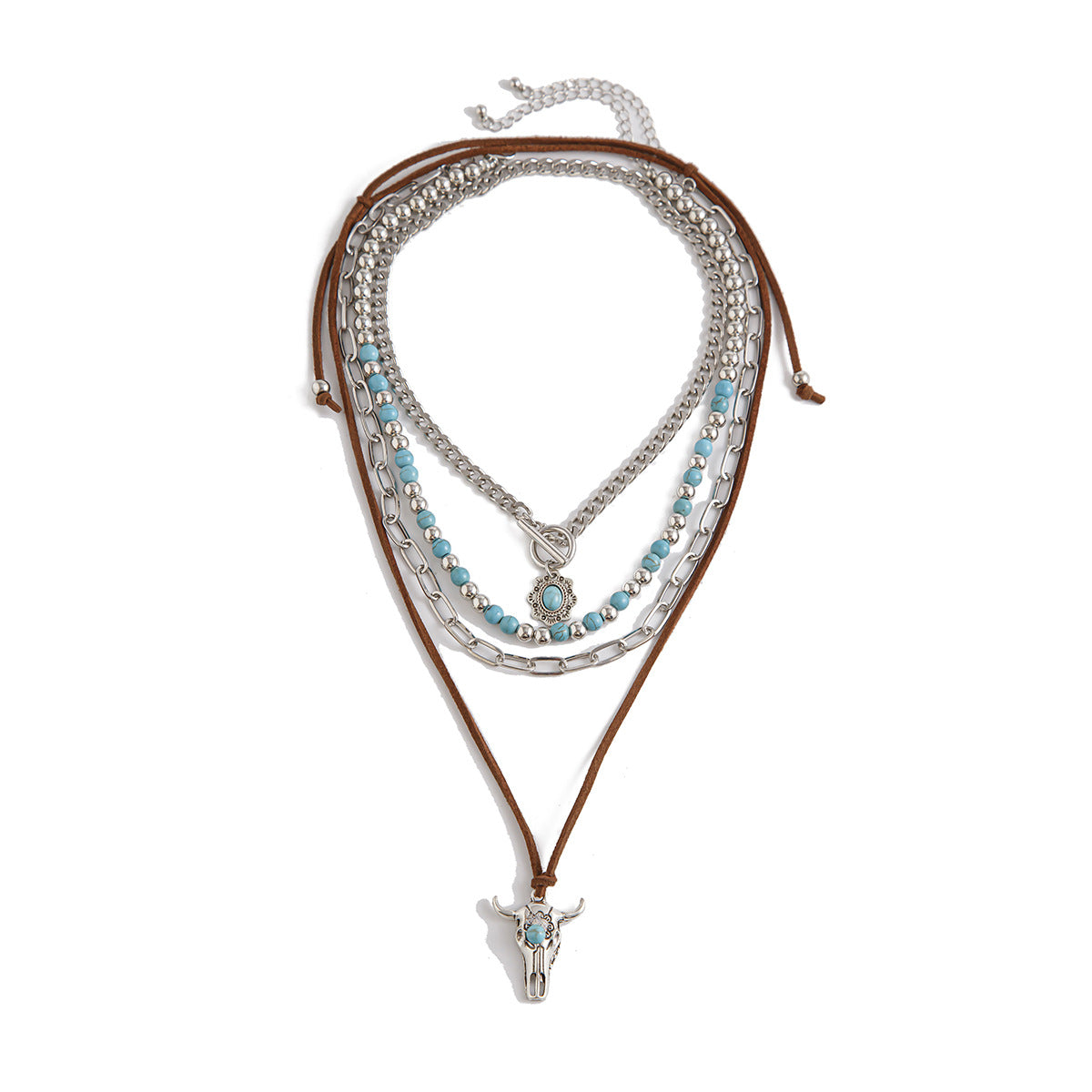 Collar de Clavícula con Colgante de Toro de Estilo Étnico Vintage con Efecto Turquesa, con Motivos Geométricos y de Animales en Aleación con Acabado Chapado