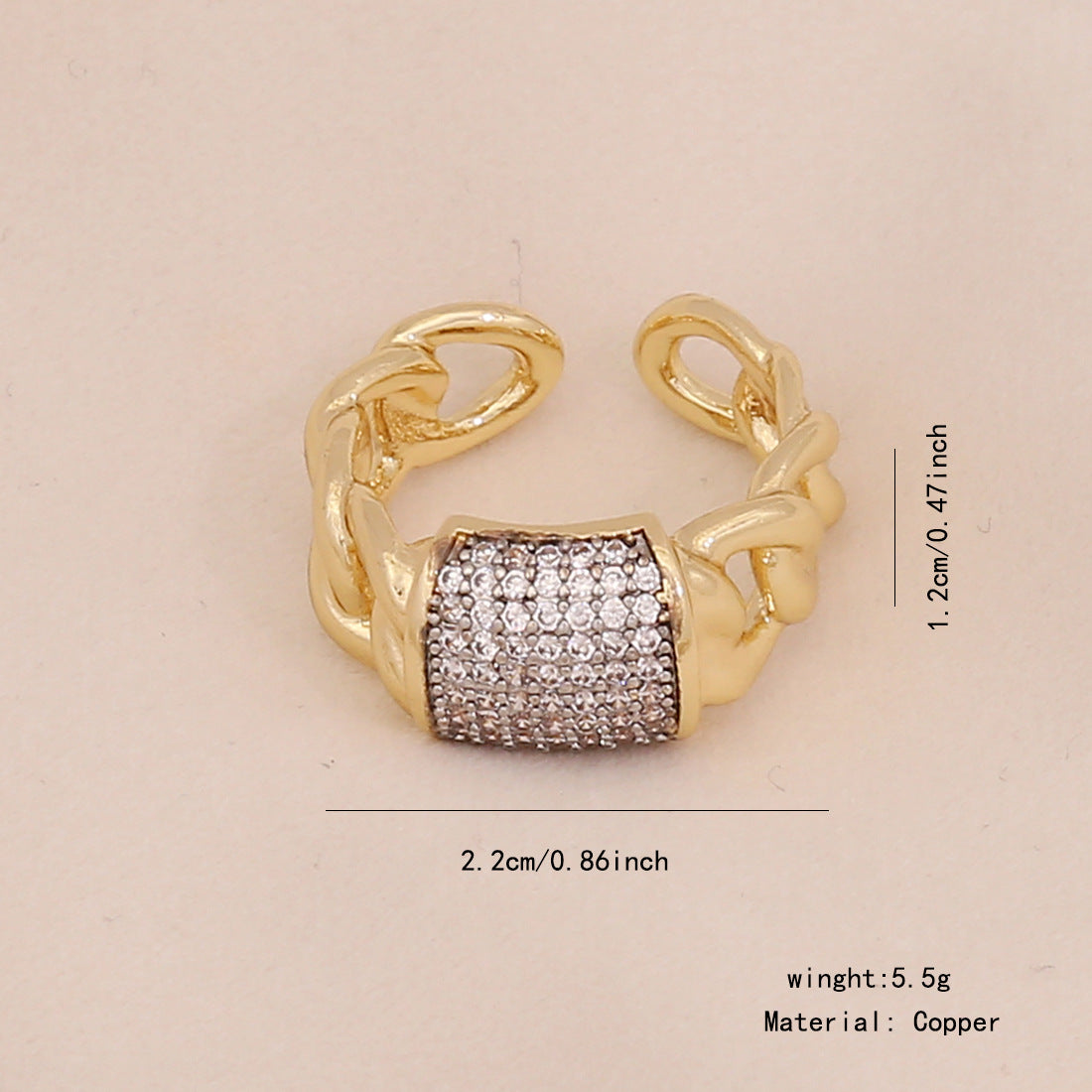 Geometric Heart-Shaped Copper Ring with Zircon Inlay for Women