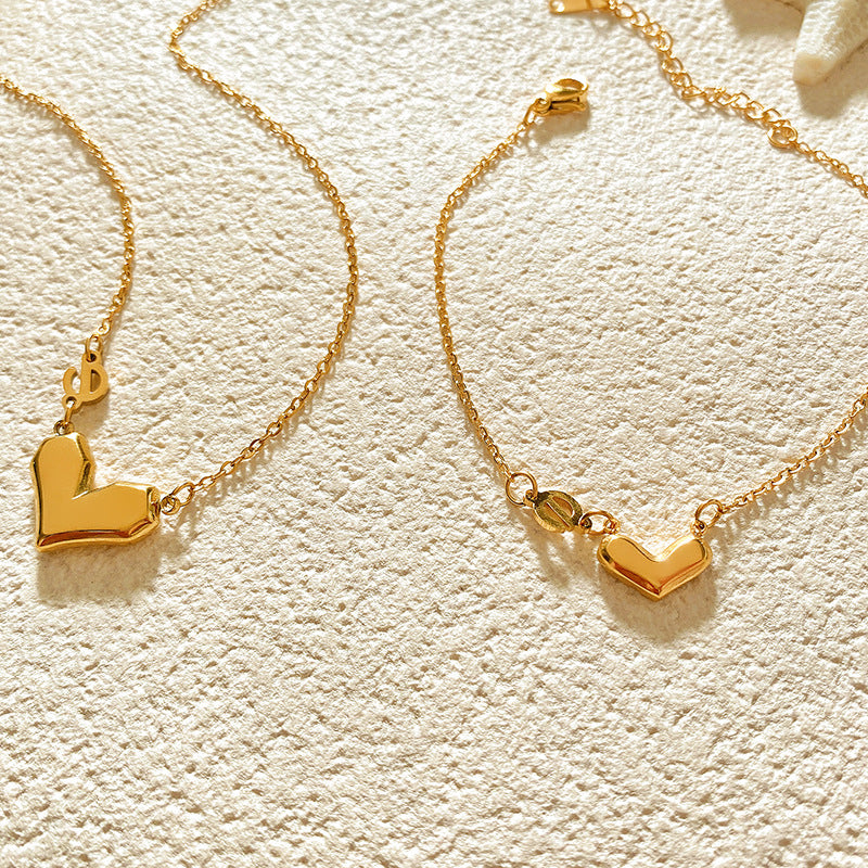 Minimalist Titanium Steel Heart and Letter Necklace and Bracelet Set
