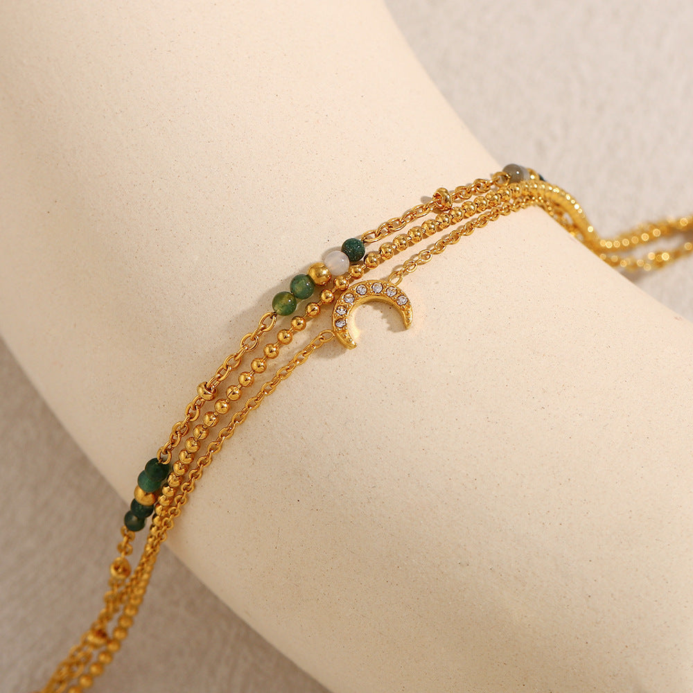 Fashionable OL Style Geometric Moon-Shaped Stainless Steel Plated 18K Gold Three-Layer Bracelet for Women