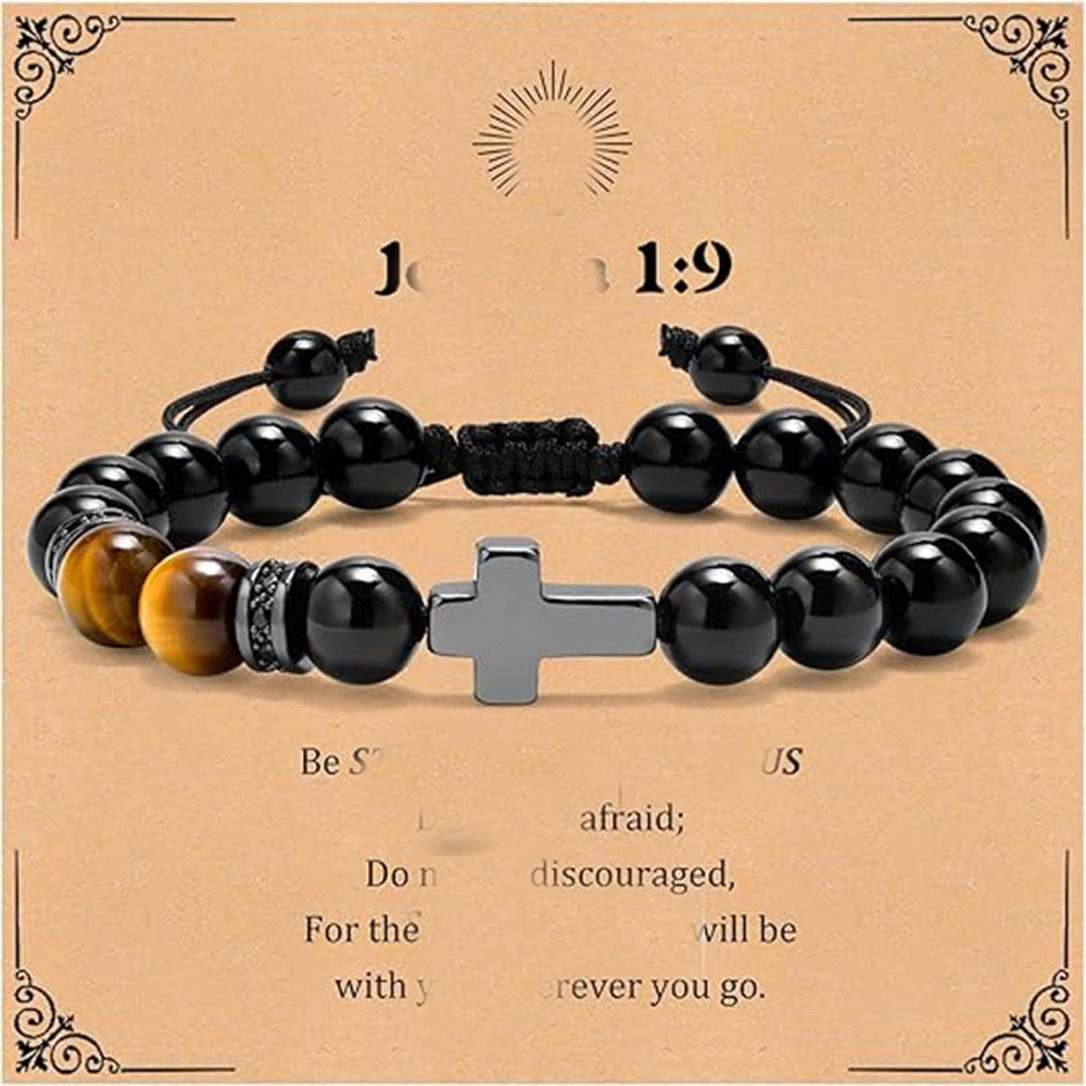 Luxury Matte Tiger's Eye Cross Pendant Beaded Bracelet Unisex Geometric Round Charm