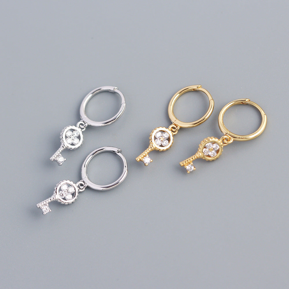 Sweet 925 Sterling Silver Clover Key Hoop Earrings with Rhinestone Inlay