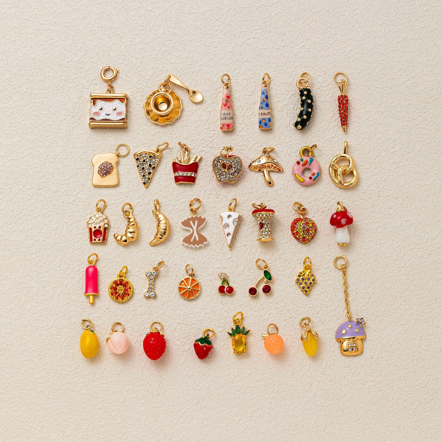Sweet Brass Fruit Pendant Necklace with Cherry, Pineapple, Orange, Strawberry and Pear Charms