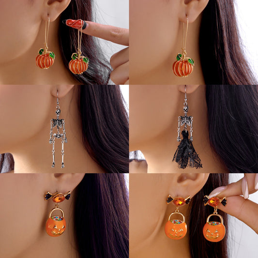 Halloween-Themed Enamel Pumpkin Skull Skeleton Earrings Set in Alloy with Plated Finish for Unisex Wear