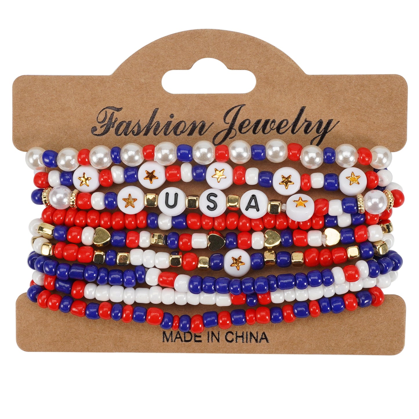 Geometric Resin Beaded Bracelet Red White Blue Patriotic Design Unisex