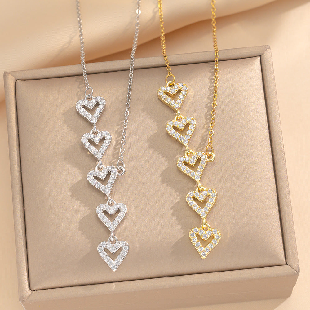 Luxury Minimalist Heart-Shaped Titanium Steel Necklace with Rhinestone Inlay for Women, O-Chain Pendant Jewelry
