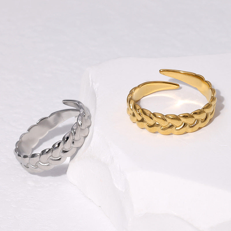 Minimalist Geometric Open Ring with Chain Detail 18K Gold Plated Stainless Steel Jewelry for Women