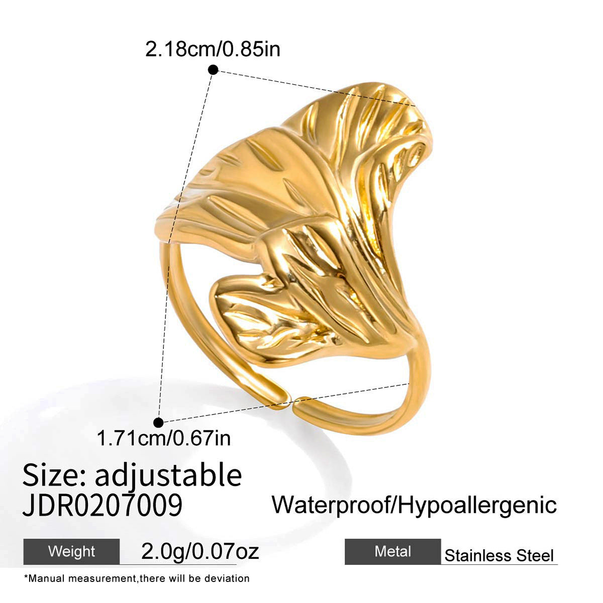 Anello da donna in acciaio inossidabile con motivo geometrico a foglia di ginkgo, placcatura in oro PVD 18K e perla