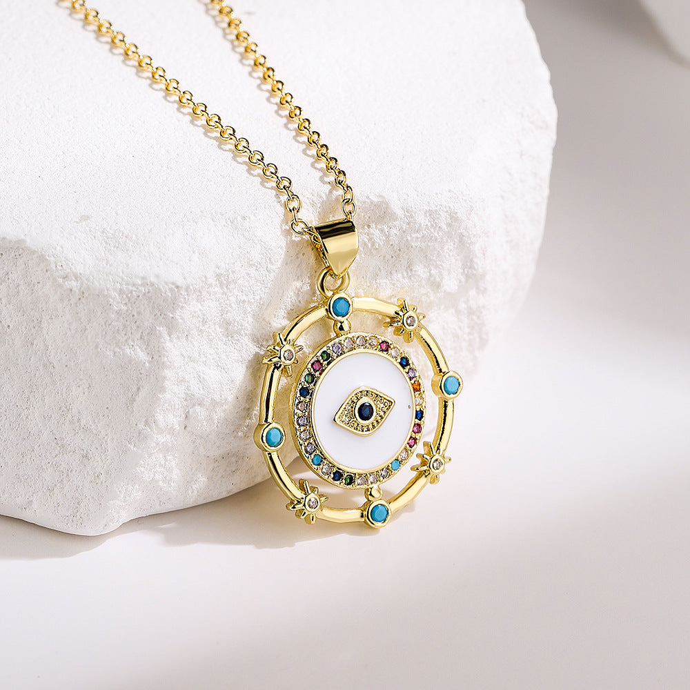Collana pendente con occhio turco geometrico minimalista in rame placcato oro 18 carati e zirconi, da donna