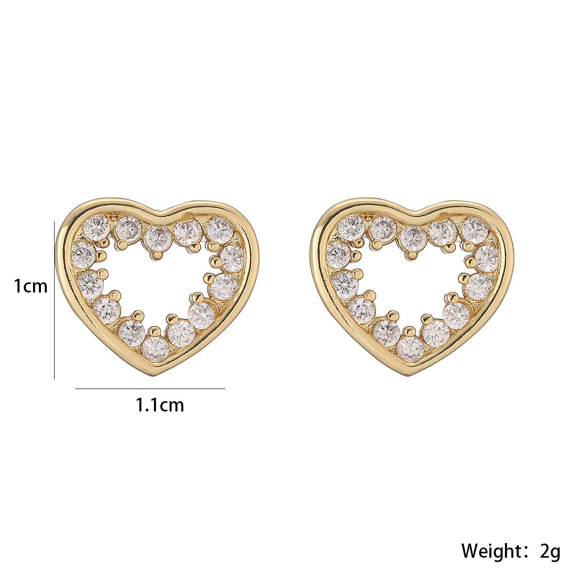 Elegant 18K Gold Plated Brass Heart Stud Earrings with Cubic Zirconia and Pearl Inlay for Women