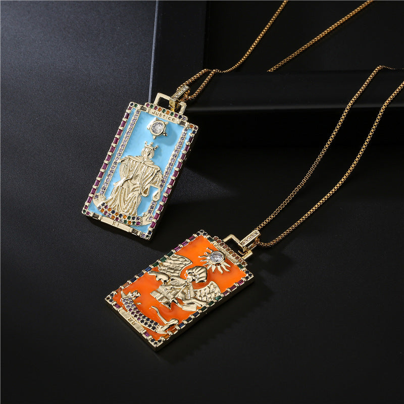 Minimalist Geometric Tarot Pendant Necklace in Copper with 18K Gold Plating and Zircon Inlay for Women
