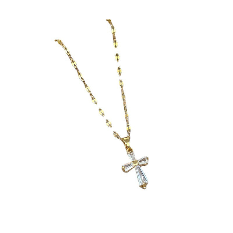 Luxury Minimalist Titanium Steel Geometric Cross Pendant Necklace for Women Collar Chain with Rhinestone Inlay