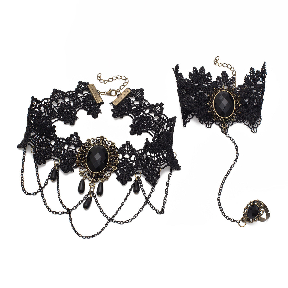 Gothic Dark Floral Crystal Pendant Necklace with Lace Chain for Women