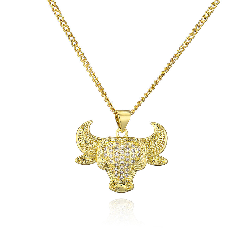 Vintage Geometric Bull Head Pendant Necklace for Women in Copper with 18K Gold Plating and Zircon Inlay