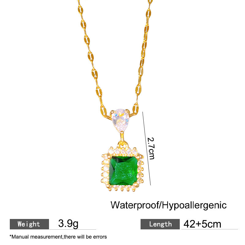 Vintage Sweet Square Geometric Cubic Zirconia Plated Titanium Steel Necklace with Brass Pendant Cable Chain Unisex