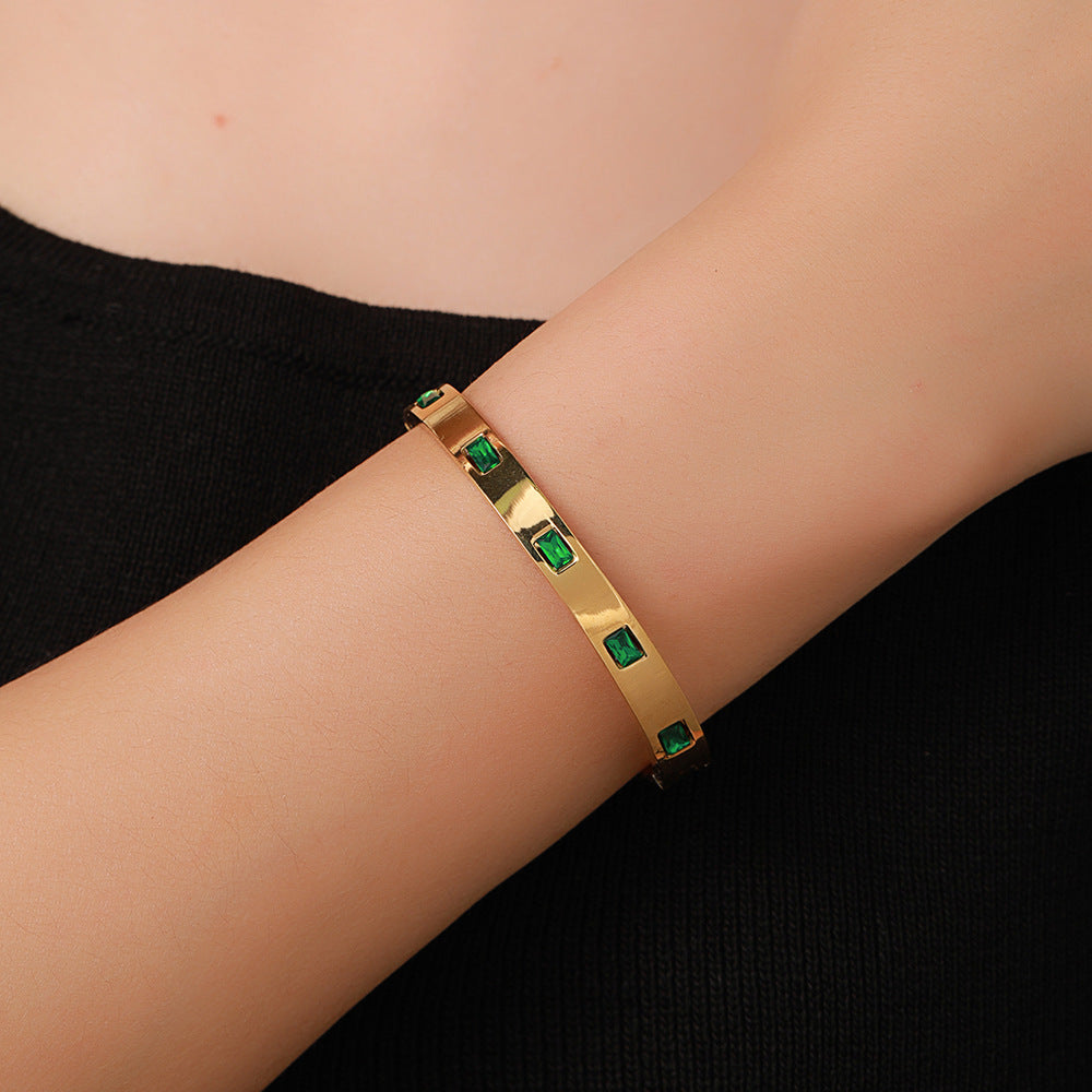 Vintage Geometric Titanium Steel Cuff Bracelet with Green Cubic Zirconia Inlay for Women