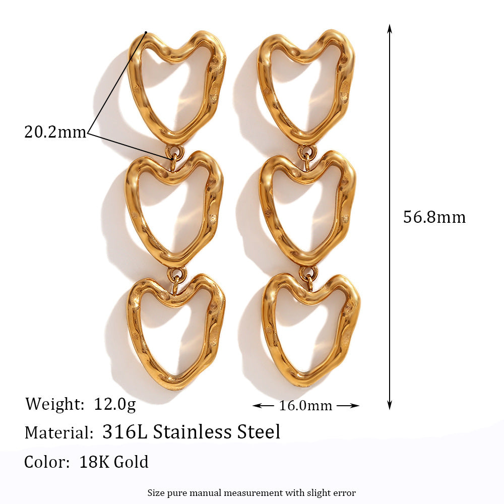 Orecchini pendenti da donna in acciaio inossidabile a forma di cuore vuoto, placcati in oro 18 carati, stile minimalista alla moda