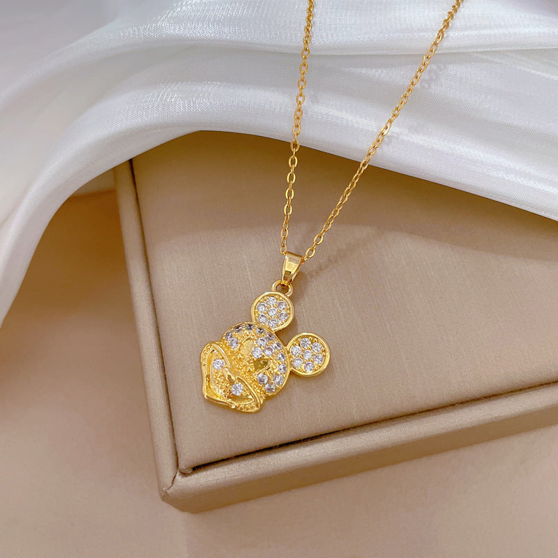 Collana con Pendente a Forma di Topo Geometrico Minimalista in Acciaio al Titanio con Dettagli in Strass per Donna e Uomo