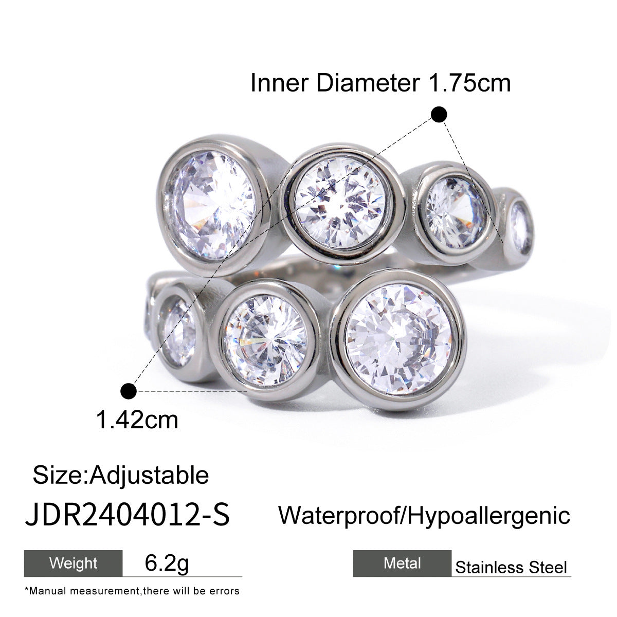 Anello Aperto Rotondo Irregolare in Zircone in Acciaio Inossidabile Placcato Oro 18K Unisex alla Moda