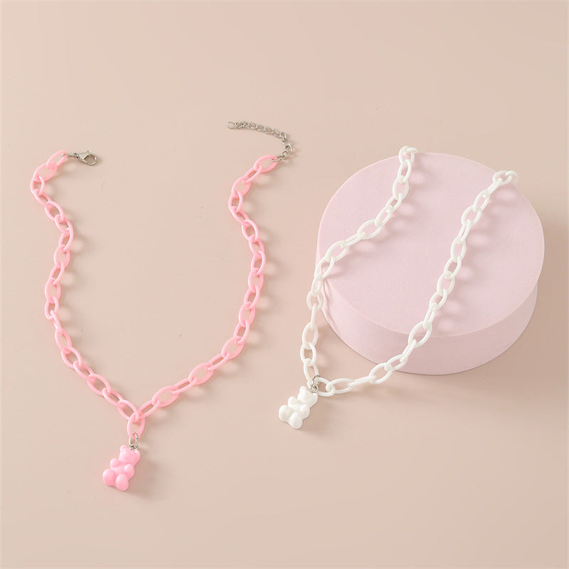 Collana con Ciondolo Orsetto Minimalista per Bambini in Acrilico con Finitura Nero Opaco e Bianco su Catena Snake