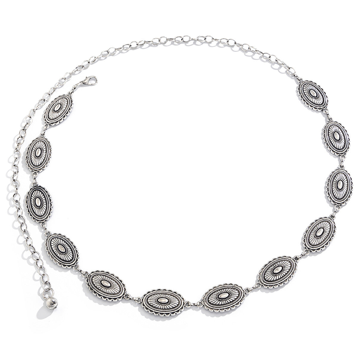 Cadena de cintura de metal con diseño geométrico de estilo étnico vintage para mujer con motivo de cruz grabado y cierre de langosta