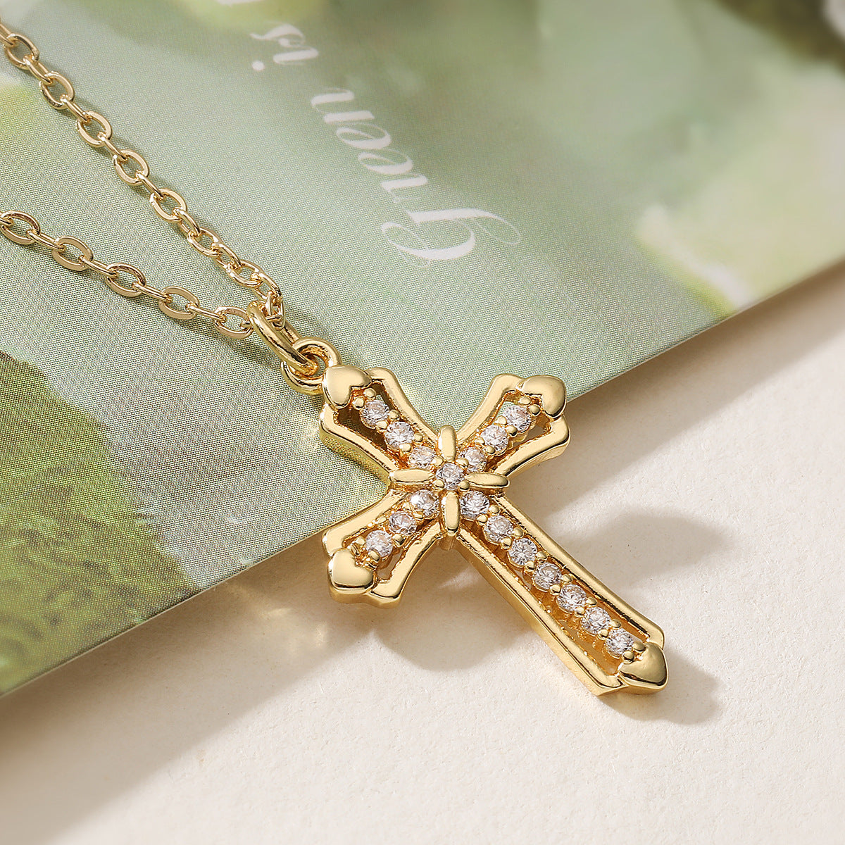 Minimalist 18K Gold Plated Brass Cross Pendant Necklace with Cubic Zirconia for Women