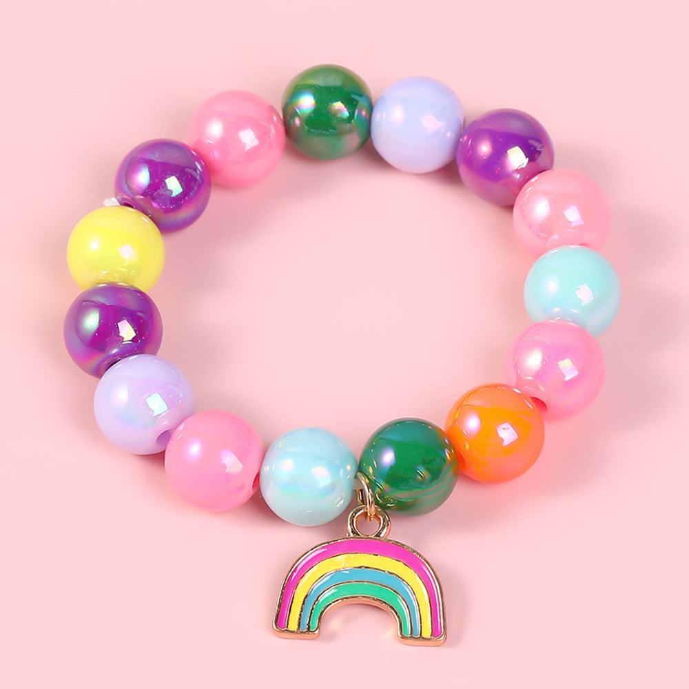 Pulsera de cuentas geométricas estilo dibujo animado para niñas con dije de esmalte en material de aleación para edades de 3 a 10+