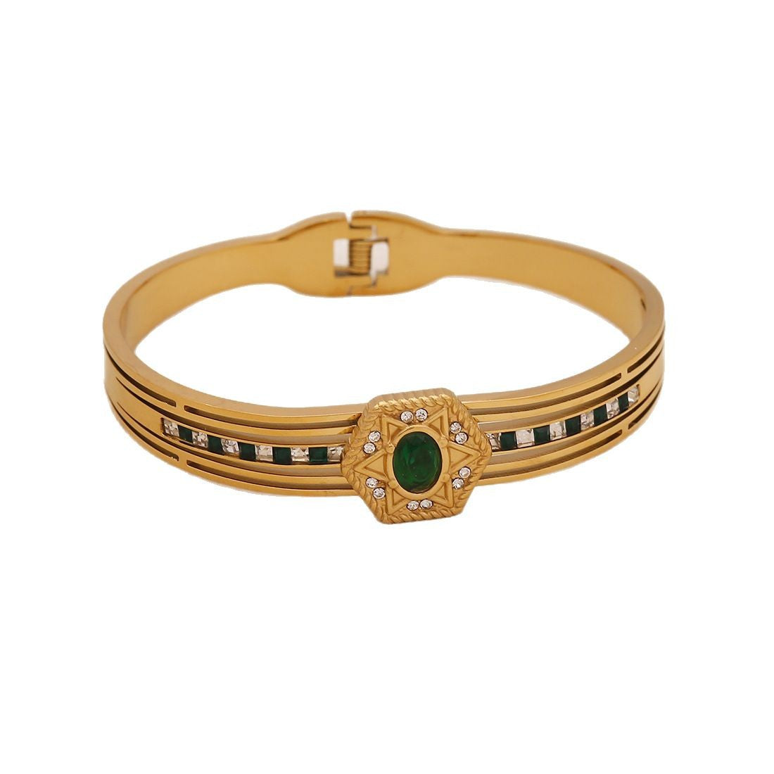 Vintage Geometric Stainless Steel Bracelet with Gold Plating and Irregular Green Glass Inlay