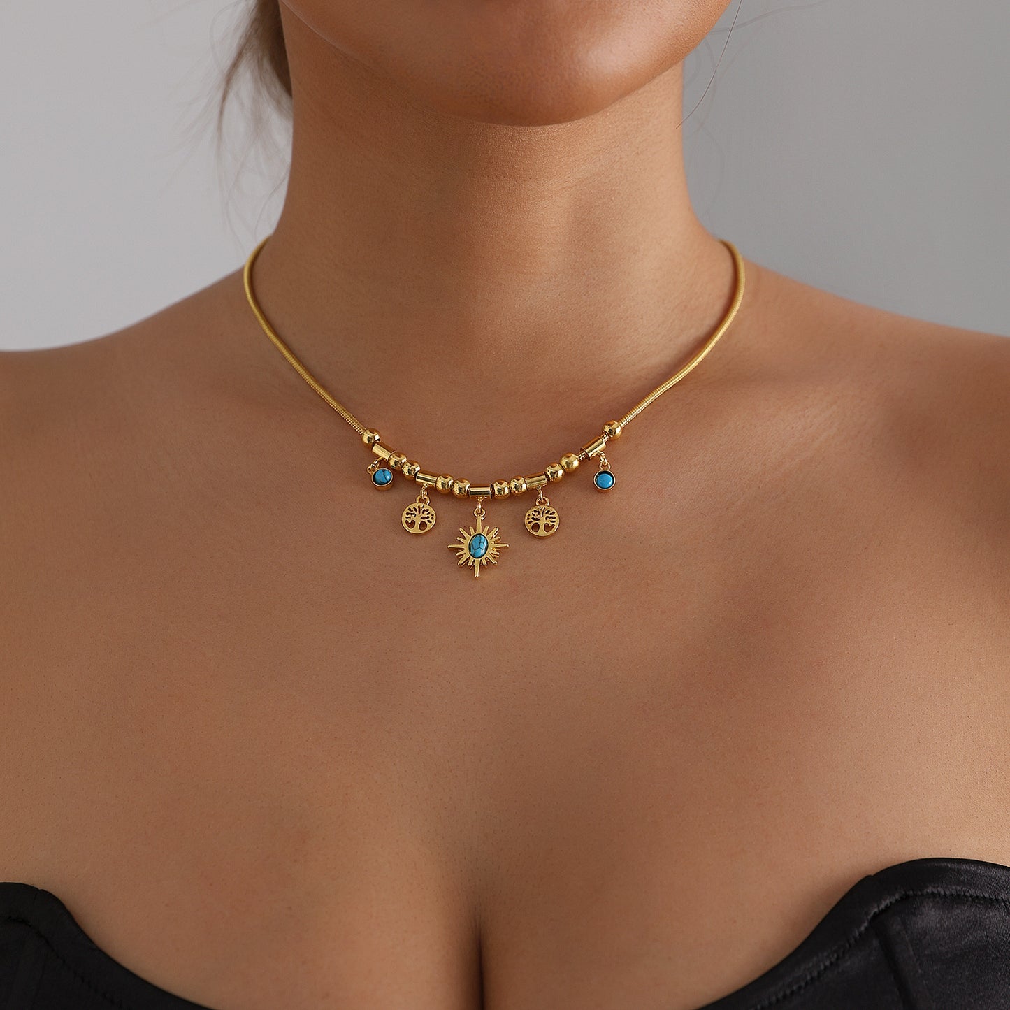 Bohemian Vintage Geometric Star Hollow Tree of Life Turquoise Inlay Alloy Necklace for Women