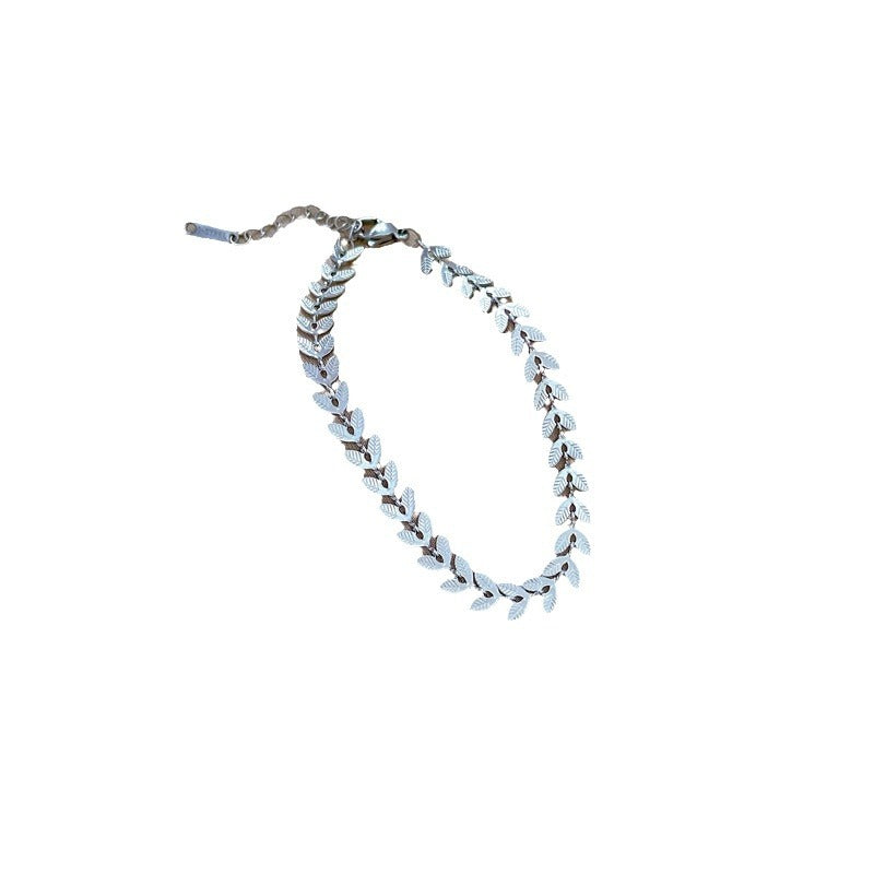 Minimalist Vintage Leaf Link Chain Bracelet in Titanium Steel with Wavy and Bean Pattern