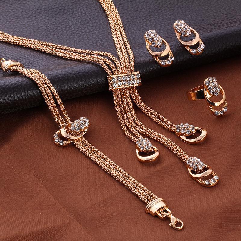 Gold Plated Geometric Rhinestone Jewelry Set with Ball Chain for Women