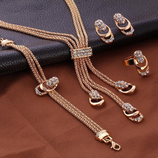 Gold Plated Geometric Rhinestone Jewelry Set with Ball Chain for Women